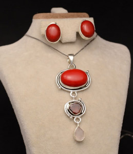 Set Argint 925 Lant,Pandativ si Cercei Handmade Cu Piatra Carneol-- SET357D - Img 1
