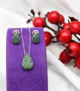 Set Din Argint 925 Cercei si Pandantiv Model Lacrima Verde Set138G - Img 3