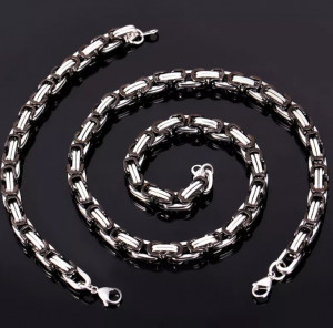 Set Lant+Bratara inox model Byzantine Ton Argintiu si Negru S203 - Img 3