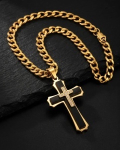 Set Lant Cubanez Placat Aur 18K si Pandantiv Cruce Neagra cu Zirconiu Inox Barbati cod LC46CLA
