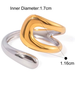 Inel Inox Dama in Doua Culori Asimetric Placat Aur Rezistent Apa IF648XY - Img 2