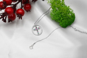 Lantisor Din Argint 925 Model Oval si Cruciulita Multicolor Arg22E - Img 5