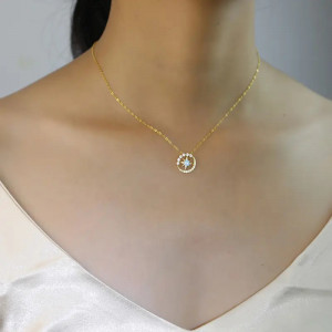 Lantisor Din Argint Auriu Model Rotund Stea/Soare Albastru FINUT Arg409A - Img 3