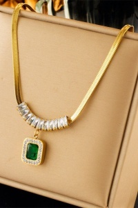 Set Bijuterii Placat Aur 18K, Lant 39+5cm, Bratara 17+5cm, Cercei si Piatra Verde Smarald S79X - Img 3