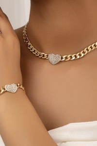 Set Bijuterii Stil Cuban, Lanț si Bratara Gros Auriu cu Inimă Alb Zircon, Accesorii Statement S245VA