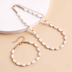 Set Colier Choker si Bratara Femei, Model Elegant, Margele Albe, Ajustabil S132C - Img 2