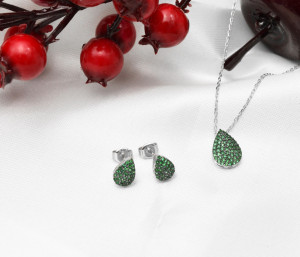 Set Din Argint 925 Cercei si Pandantiv Model Lacrima Verde Set138G - Img 4