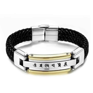 Brățară Bărbați Piele Împletită și Inox cu Inscripție Tibetană, Detalii Aurii, Cataramă Magnetică, Accesoriu Masculin Modern B956BX