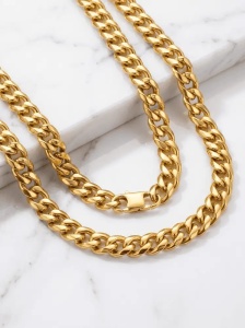 Lant Barbati Cuban Link, Inox 316L Placat Aur 14K, Grosime 0.9 cm, 55 cm – 78 g, Model Premium L111AI - Img 3