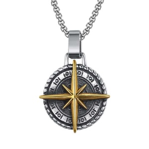 Lant Barbati Inox, Pandantiv Busola Viking, Design Nordic, Placat Aur & Argintiu LC77C - Img 3