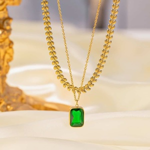 Lant din Inox Placat cu Aur cu Pandantiv Piatra Verde – Colier Elegant pentru Femei L223C - Img 2