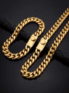 Set Barbati Lant + Bratara Cuban Link, Inox 316L Placat Aur, Grosime 1 cm – 60 cm / 21 cm, Inchizatoare Premium S134XAI