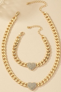 Set Bijuterii Stil Cuban, Lanț si Bratara Gros Auriu cu Inimă Alb Zircon, Accesorii Statement S245VA - Img 3