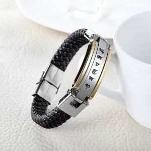 Brățară Bărbați Piele Împletită și Inox cu Inscripție Tibetană, Detalii Aurii, Cataramă Magnetică, Accesoriu Masculin Modern B956BX - Img 2