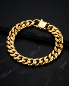 Bratara Lant Cubanez Placata Aur 18K Inox Barbati cod B998CLA - pe piatra neagra, alt unghi