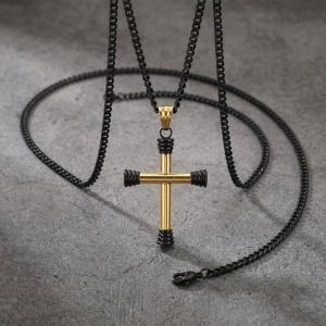 Lanț Bărbați cu Cruce Aurie și Neagră, 60 cm, Pandantiv 45 mm Placat Aur 14K LC51GS - Img 2