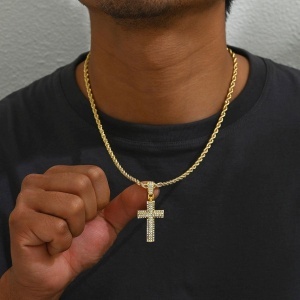 Lant din Inox Placat Aurit Placat Aur 18 K– Cruce Masiva, Bijuterie Hip-Hop Barbati LC168GGA - Img 1