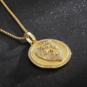 Lant inox si Pandantiv Model Cap de Leu ---LION--- Placat Aur Model Deosebit LC104C - Img 3