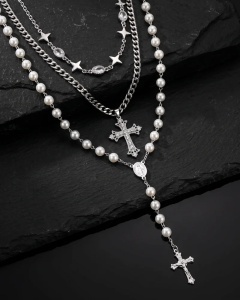 Set 3 Coliere Inox Argintii Rozariu cu Perle, Lant cu Cruce si Choker cu Zirconiu cod R50CLA1