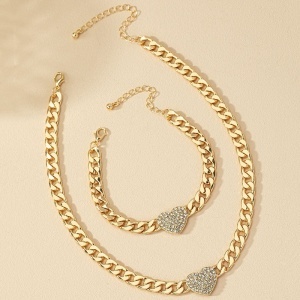 Set Bijuterii Stil Cuban, Lanț si Bratara Gros Auriu cu Inimă Alb Zircon, Accesorii Statement S245VA - Img 4