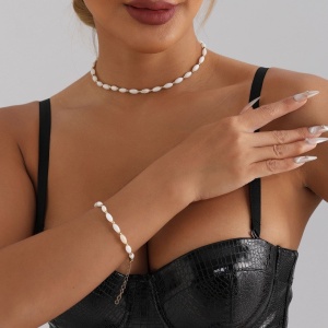 Set Colier Choker si Bratara Femei, Model Elegant, Margele Albe, Ajustabil S132C - Img 1