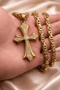 Lant Barbati 60cm, Cruce Aurie Cu Pietre, Model Asemănător Versace LC124K - Img 2
