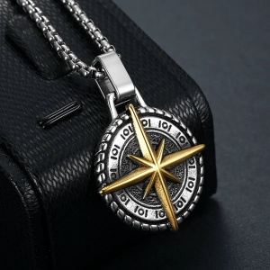 Lant Barbati Inox, Pandantiv Busola Viking, Design Nordic, Placat Aur & Argintiu LC77C - Img 1