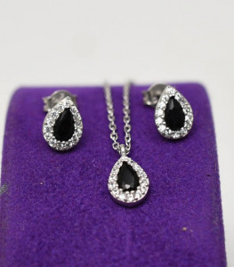 Set Argint Lantisor, Pandativ Si Cercei Rodiat -ONIX Negru- Set325C - Img 2