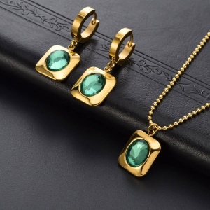 Set Bijuterii Stralucitor – Lant si Cercei Placati cu Aur cu Zirconiu Verde S223F - Img 2