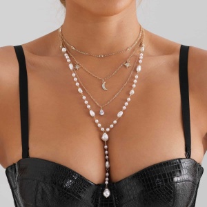 Lant Auriu Pana la Decolteu, Pandantiv Lună–Stele, Ideal pentru Rochii Decolotate L339G - Img 4