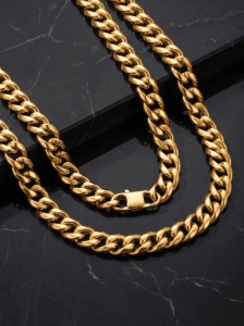 Lant Barbati Cuban Link, Inox 316L Placat Aur 14K, Grosime 0.9 cm, 55 cm – 78 g, Model Premium L111AI