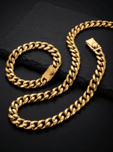 Set Barbati Lant + Bratara Cuban Link, Inox 316L Placat Aur, Grosime 1 cm – 60 cm / 21 cm, Inchizatoare Premium S134XAI - Img 2