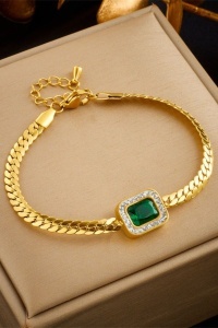 Set Bijuterii Placat Aur 18K, Lant 39+5cm, Bratara 17+5cm, Cercei si Piatra Verde Smarald S79X - Img 6
