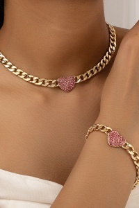 Set Bijuterii Stil Cuban, Lanț si Bratara Gros Auriu cu Inimă Pink Zircon, Accesorii Statement S245V