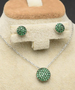 Set Cercei si Lantisor Din Argint S925 Smarald Verde Rotund Set19C - Img 3