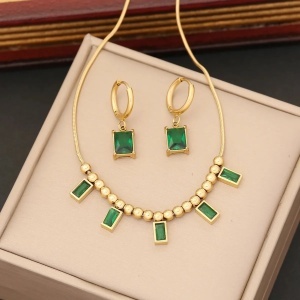 Set Colier si Cercei Inox Placat Aur 18K cu Zirconiu Verde Femei cod SET72CLA - poza 2