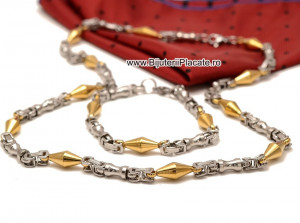 Set Lant+Bratara inox model Byzantine Ton Auriu si Argintiu cod S182 - Img 2