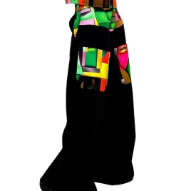 Pantaloni de designer cu print colorat pe buzunar, croială lejeră și vibe urban. Handmade în România – piesă statement pe holycuts.ro.