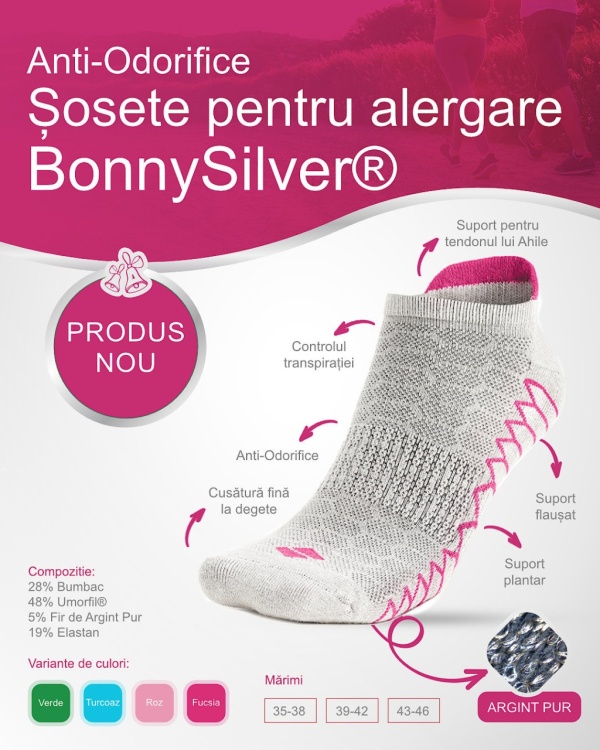 Sosete alergare, talpa flausata, BonnySilver® 302K gri fucsia
