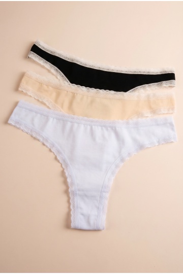 Set de 3 perechi chiloti croi tanga, bumbac cu bordura de dantela