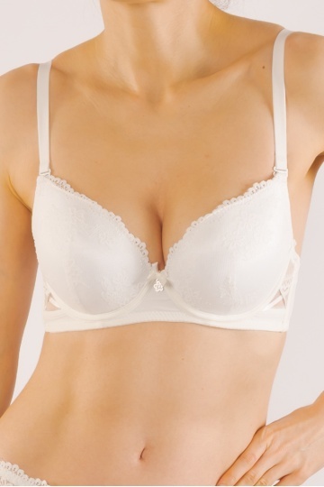 Sutien extra-push up Shanti, imbracat in dantela, cupe burete gros, Alb - Img 3