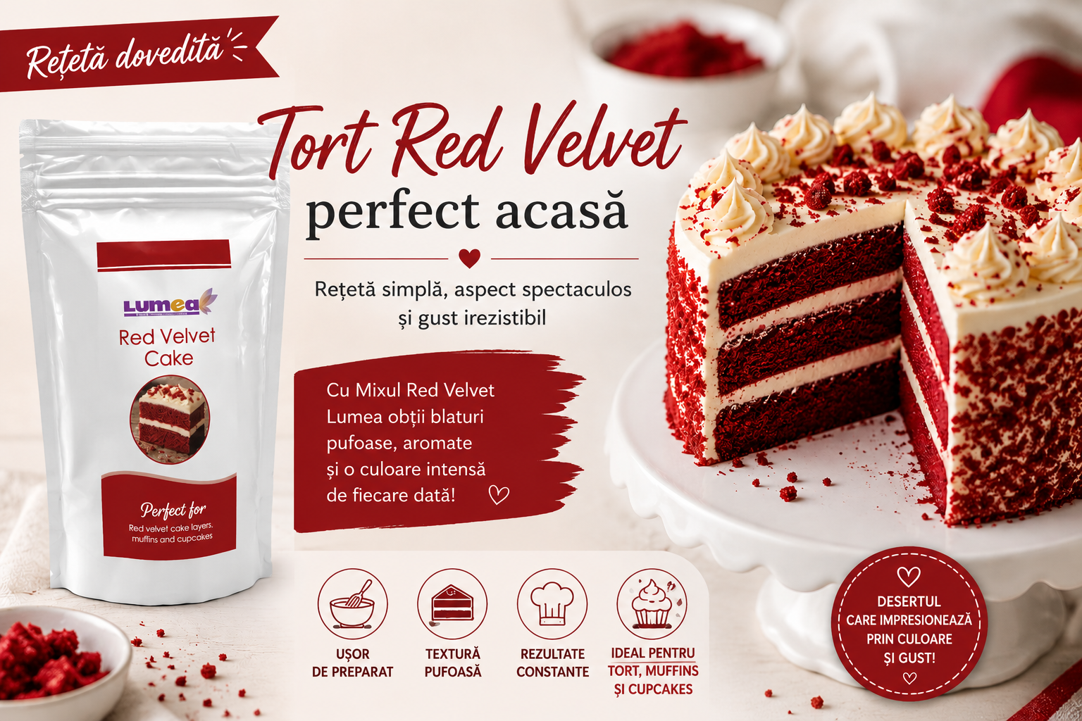Tort Red Velvet perfect acasă – rețetă simplă, aspect spectaculos și gust irezistibil
