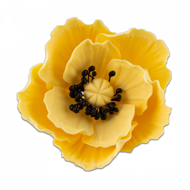 Floare de mac mediu galben cu stamine negre din pasta de zahar, L8 cm x l 8 cm x h5 cm, 60g - Lumea