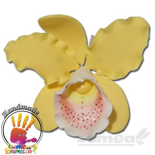 Orhideea cattleya XL galben din pasta de zahar, L11 cm x l 8 cm x h5 cm, 30g - Lumea