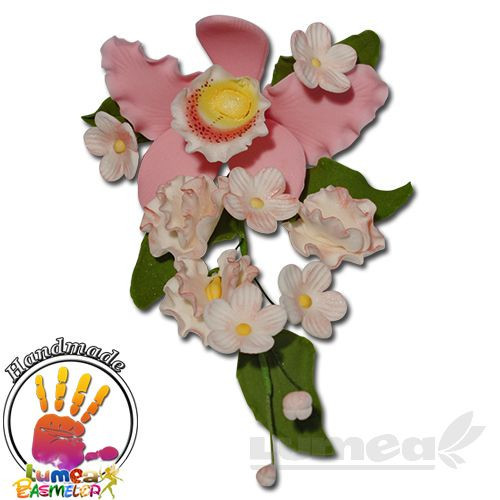Buchet Orhideea Cattleya roz din pasta de zahar, L22 cm x l 10 cm, 60g - Lumea
