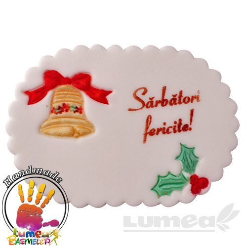 Tablita Sarbatori fericite cu clopotel din zahar, L9,5 cm x l 6,5 cm, 50g - Lumea