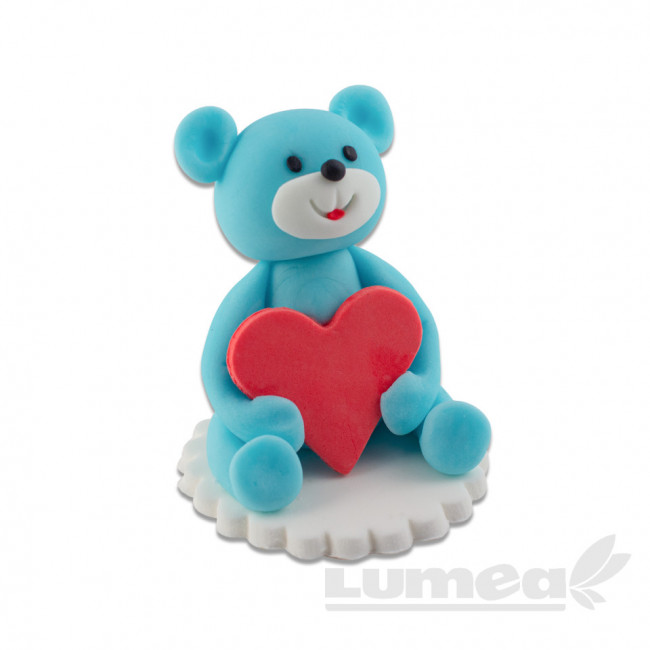 Ursulet albastru cu inima din pasta de zahar, L6 cm x l 6 cm x h7 cm, 80g - Lumea