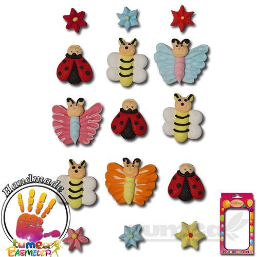 Figurine buburuze, albinute, floricele, fluturase din zahar, 15 buc - Lumea