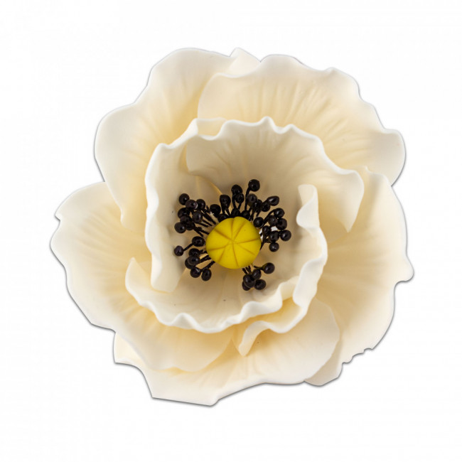 Floare de mac alb mediu cu stamine negre din pasta de zahar, L8 cm x l 8 cm x h5 cm, 60g - Lumea