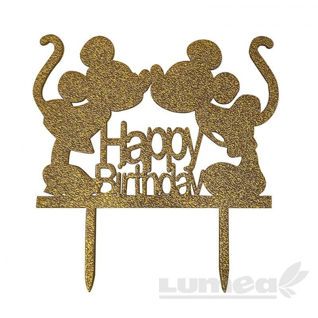 Mickey si Minnie cake Topper "Happy Birthday" auriu - Lumea Basmelor